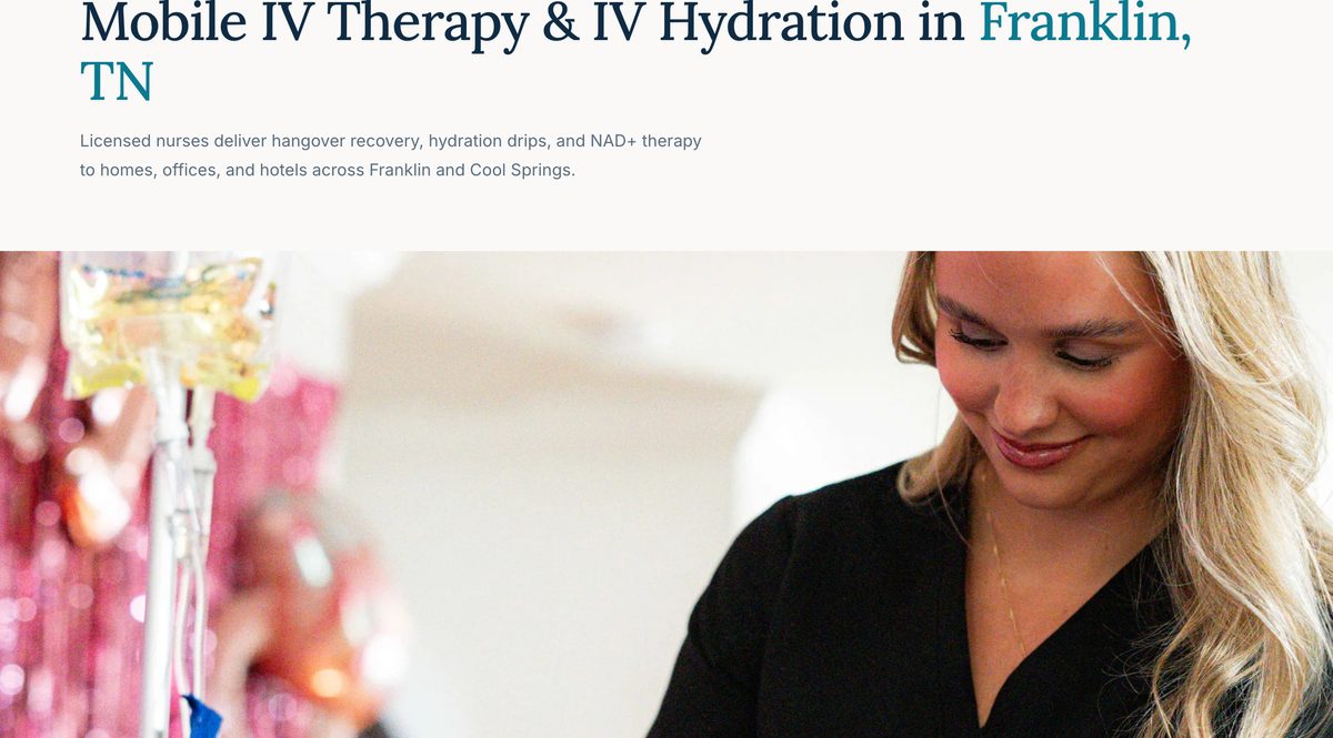 The Drip Lab's Franklin, TN page: a headline naming the town, one sentence of facts, a photograph of a nurse at work