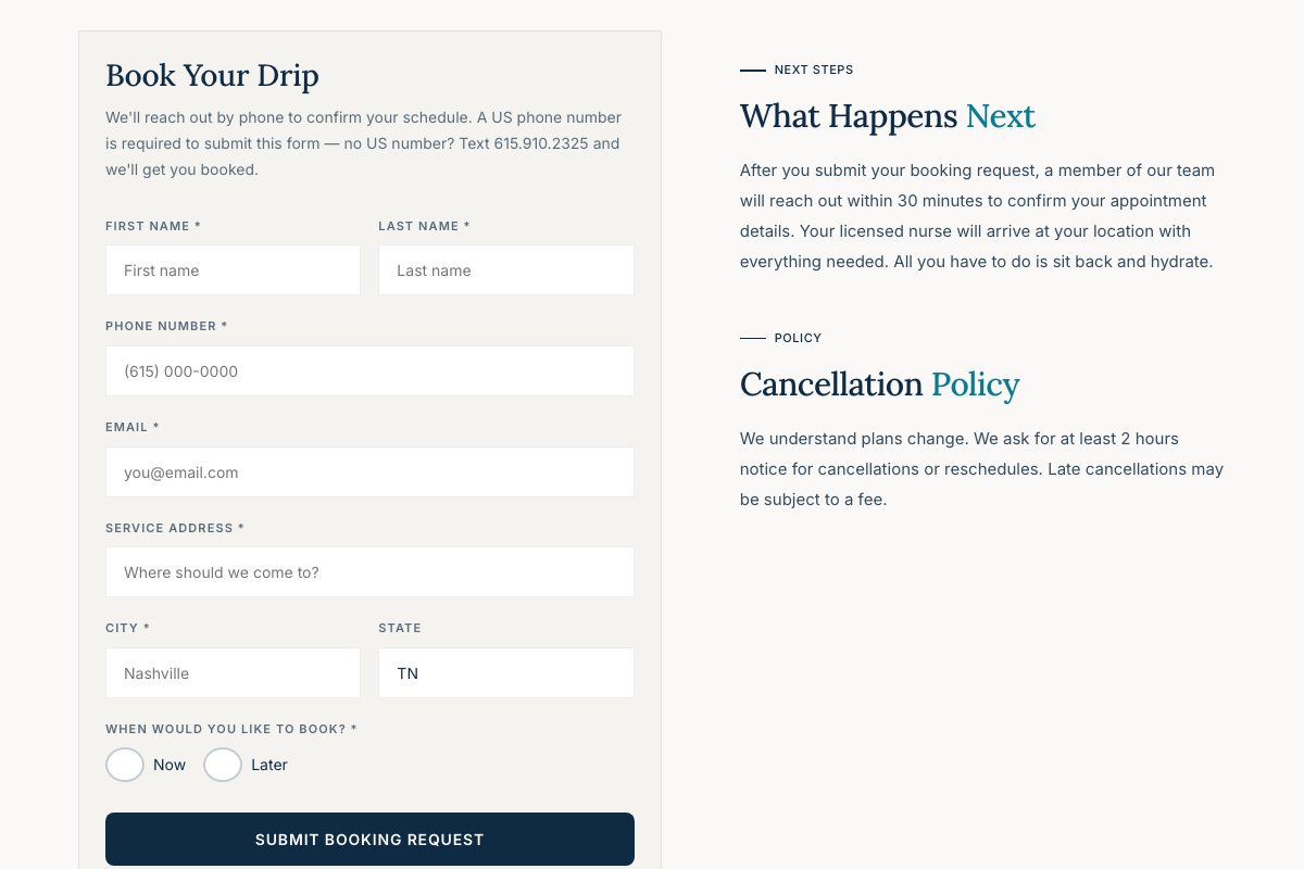The Drip Lab booking form on the live site