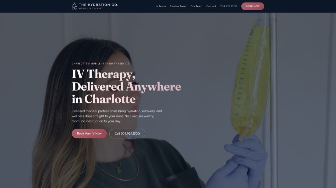 The Hydration Company homepage: serif headline, clinical photograph