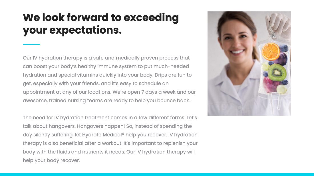 The inherited About page: a stock photograph, a headline made of 2 banned phrases, and a competitor's registered name in the second paragraph