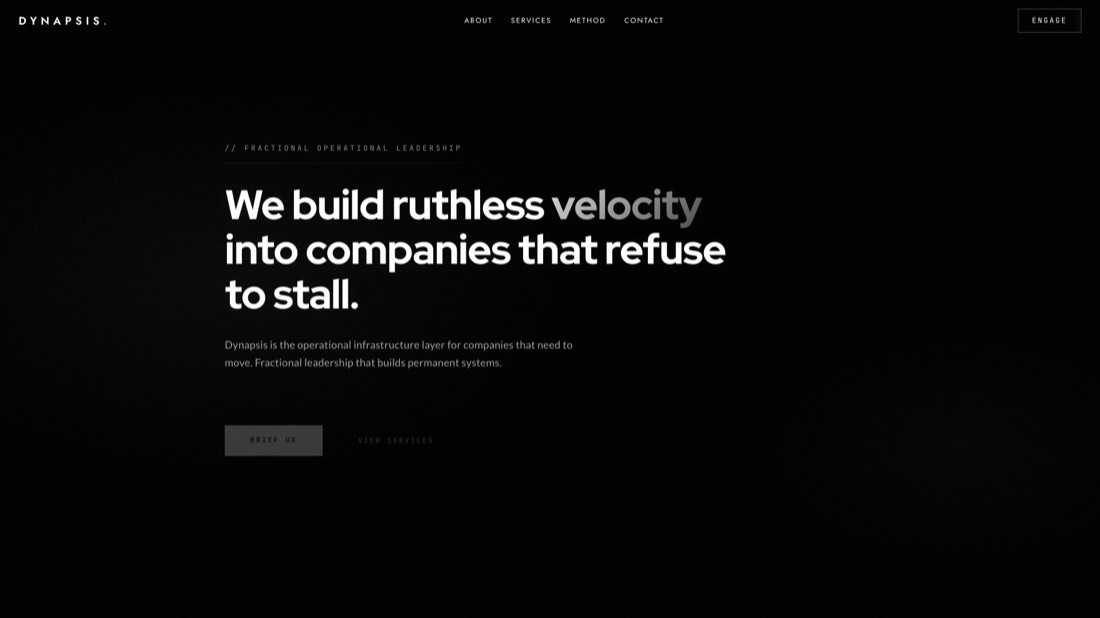 Dynapsis homepage: pure black with white type