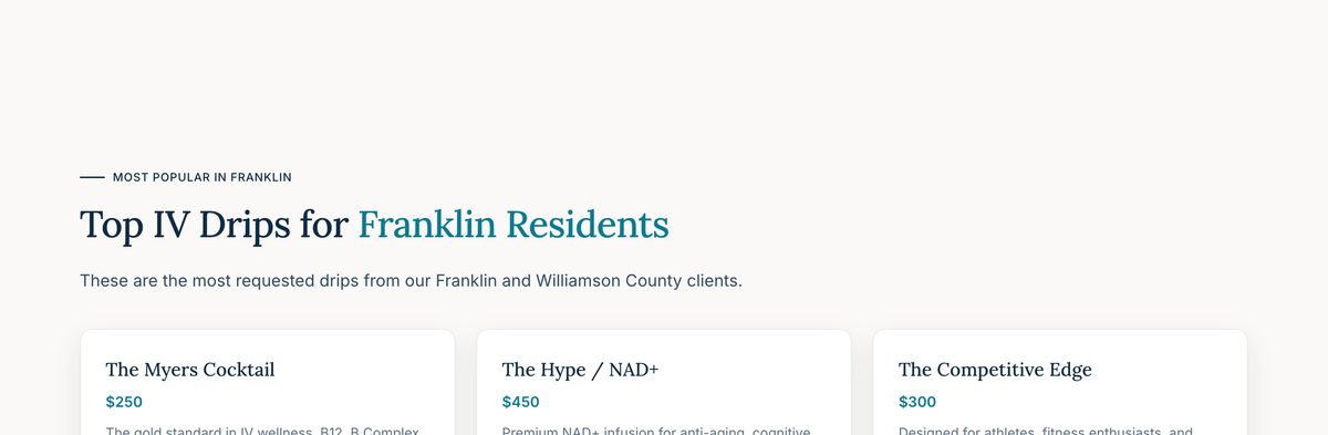 The same page lower down: the 3 most requested drips for Franklin residents with prices