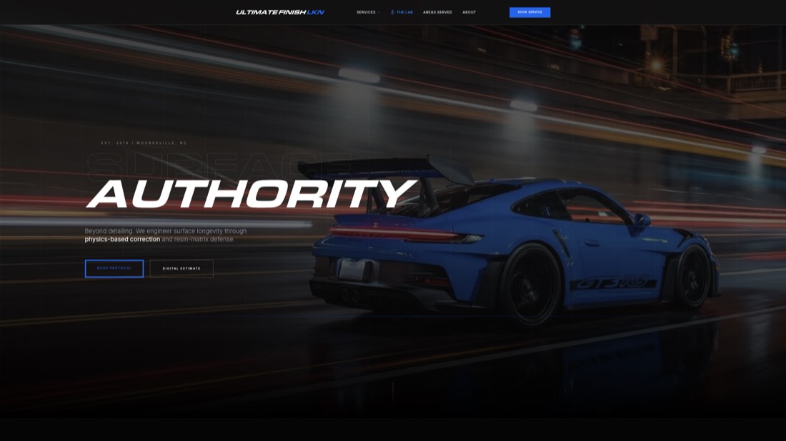 Ultimate Finish LKN homepage: a wide machined headline over a night shot of a car